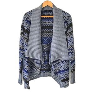 XXI FOREVER 21 Blue Brown Gray Fair Isle Knit Long Sleeved Cardigan Sweater sz M